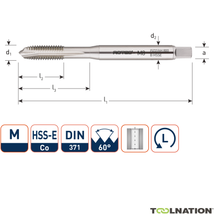 Rotec 330.1000L HSS-E 800 machinetap DL DIN 371B M10x1,5 Links - 1