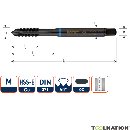 Rotec 331.0800 HSS-E INOX machinetap DL DIN 371B M 8x1,25 VAP - 1