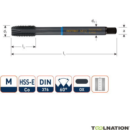 Rotec 331.1200 HSS-E INOX machinetap DL DIN 376B M12x1,75 VAP - 1