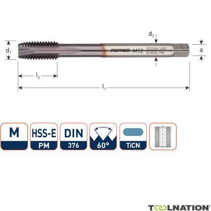 Rotec 347.1200 HSSE-PM 1400 Machinetap DIN 376B M12 TiCN - 1