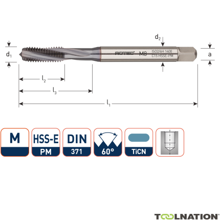 Rotec 347.0600C HSSE-PM 1400 Machinetap DIN 371C/15° M 6 TiCN - 1