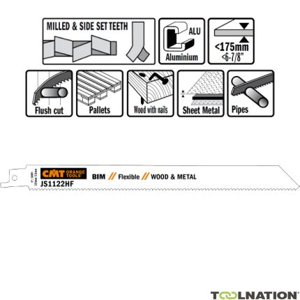 CMT JS1122HF-5 JS1122HF Reciprozaagbladen 5 stuks Bi-metaal 225mm x 0, 9 x 10TPI pallet reparaties, hout met nagels, metaal, metalen platen, buizen, aluminium profielen. - 1